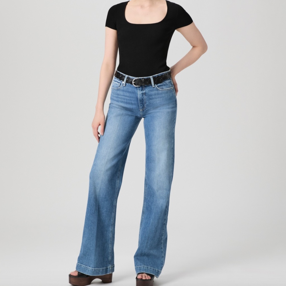 PAIGE Medium Blue Flared Wide-Leg Jeans